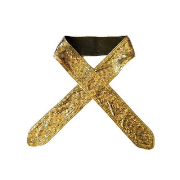 Gold Tone Chainmail Tie Belt Metal Mesh & Black Leather Backing Disco Gl… - Picture 1 of 5